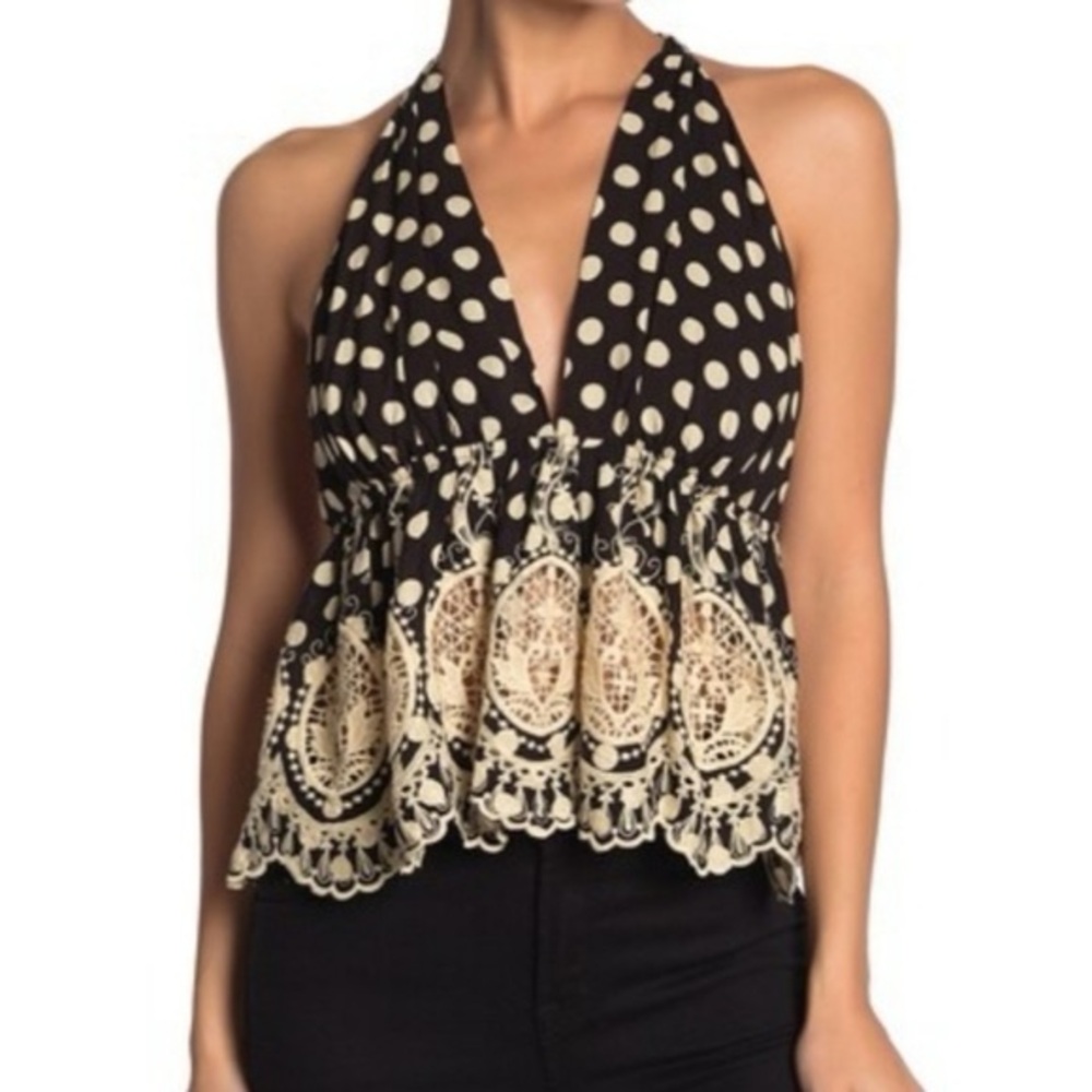 Free People Black and Cream Lace Halter Blouse